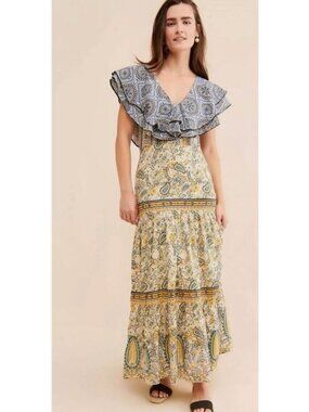 NWT Free People Forever That Girl Floral Maxi Dress Ruffle V-Neck Blue Yellow XS